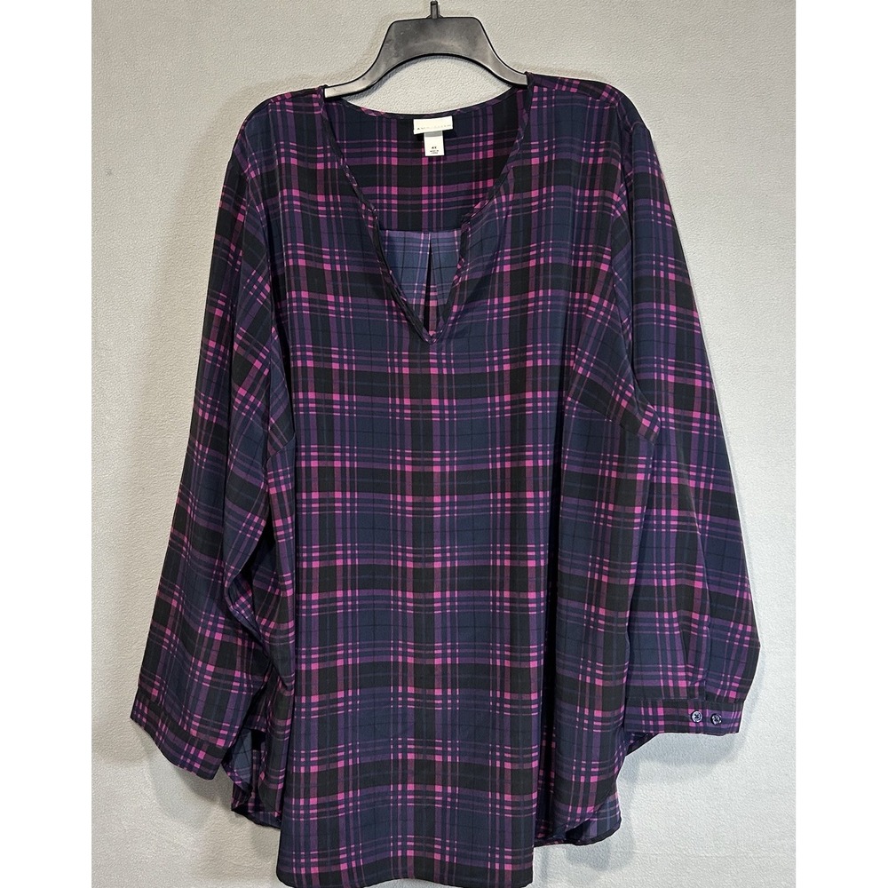 Women's Plaid V-Neck Tunic Top - Purple/Black